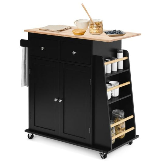 Rubber Wood Countertop Rolling Kitchen Island Cart-Black