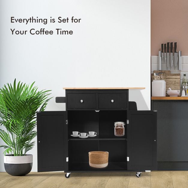 Rubber Wood Countertop Rolling Kitchen Island Cart-Black