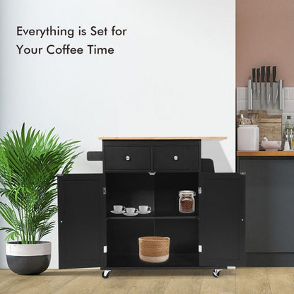 Rubber Wood Countertop Rolling Kitchen Island Cart-Black