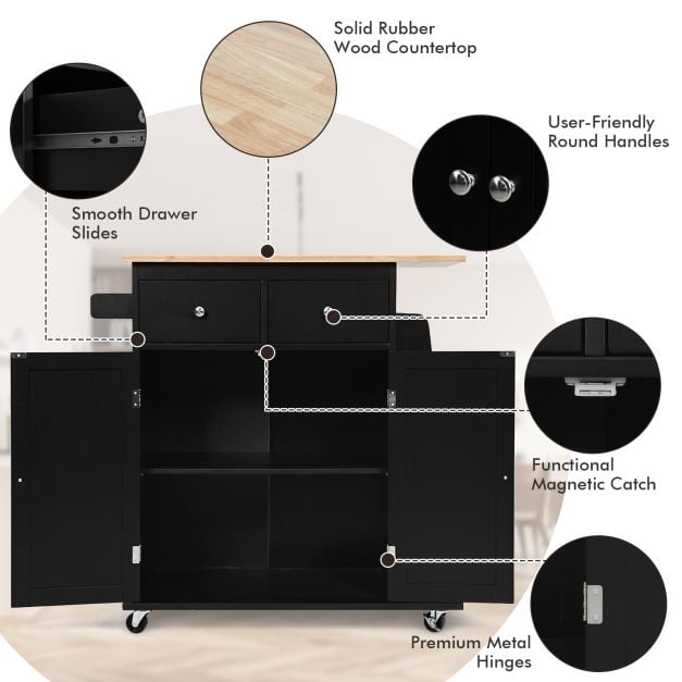Rubber Wood Countertop Rolling Kitchen Island Cart-Black