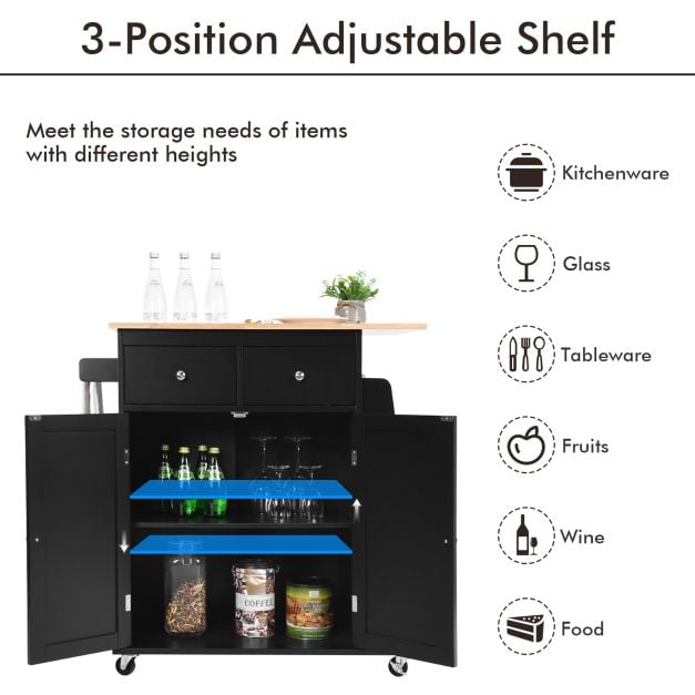 Rubber Wood Countertop Rolling Kitchen Island Cart-Black