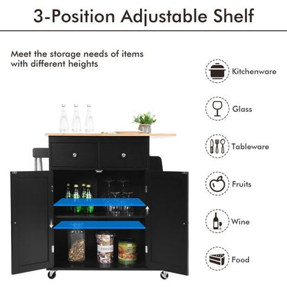 Rubber Wood Countertop Rolling Kitchen Island Cart-Black