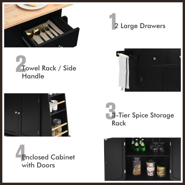 Rubber Wood Countertop Rolling Kitchen Island Cart-Black