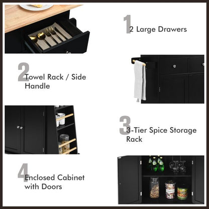 Rubber Wood Countertop Rolling Kitchen Island Cart-Black