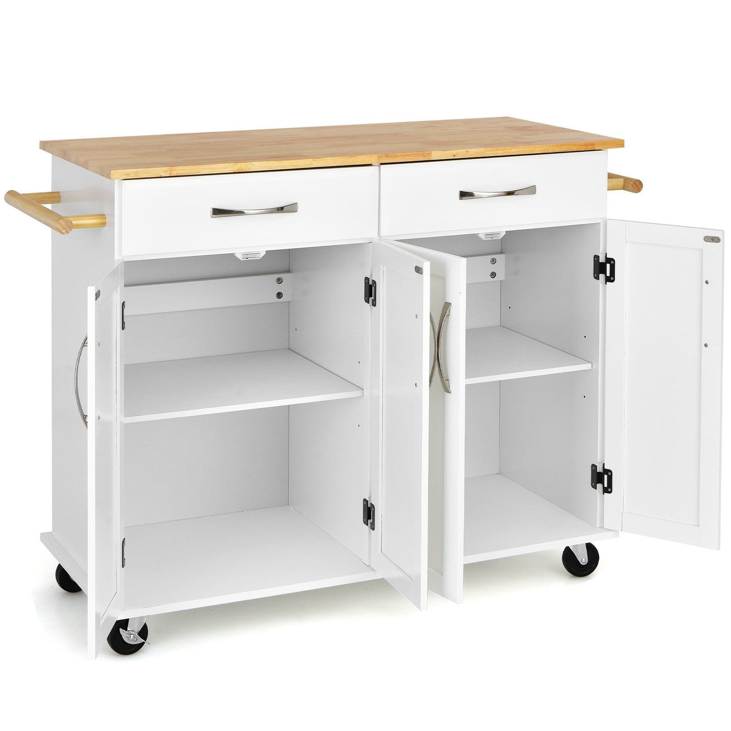 Kitchen Island on Lockable Wheels with Rubber Wood Countertop-White