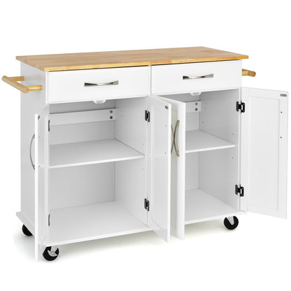 Kitchen Island on Lockable Wheels with Rubber Wood Countertop-White