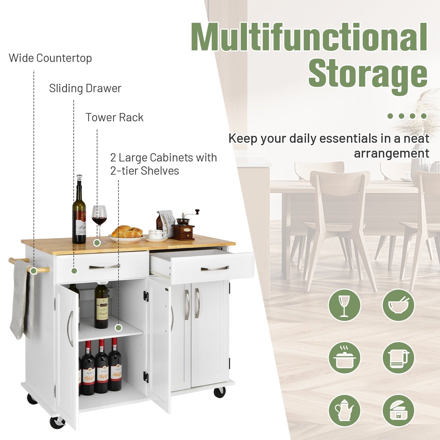 Kitchen Island on Lockable Wheels with Rubber Wood Countertop-White