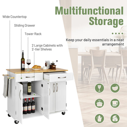 Kitchen Island on Lockable Wheels with Rubber Wood Countertop-White