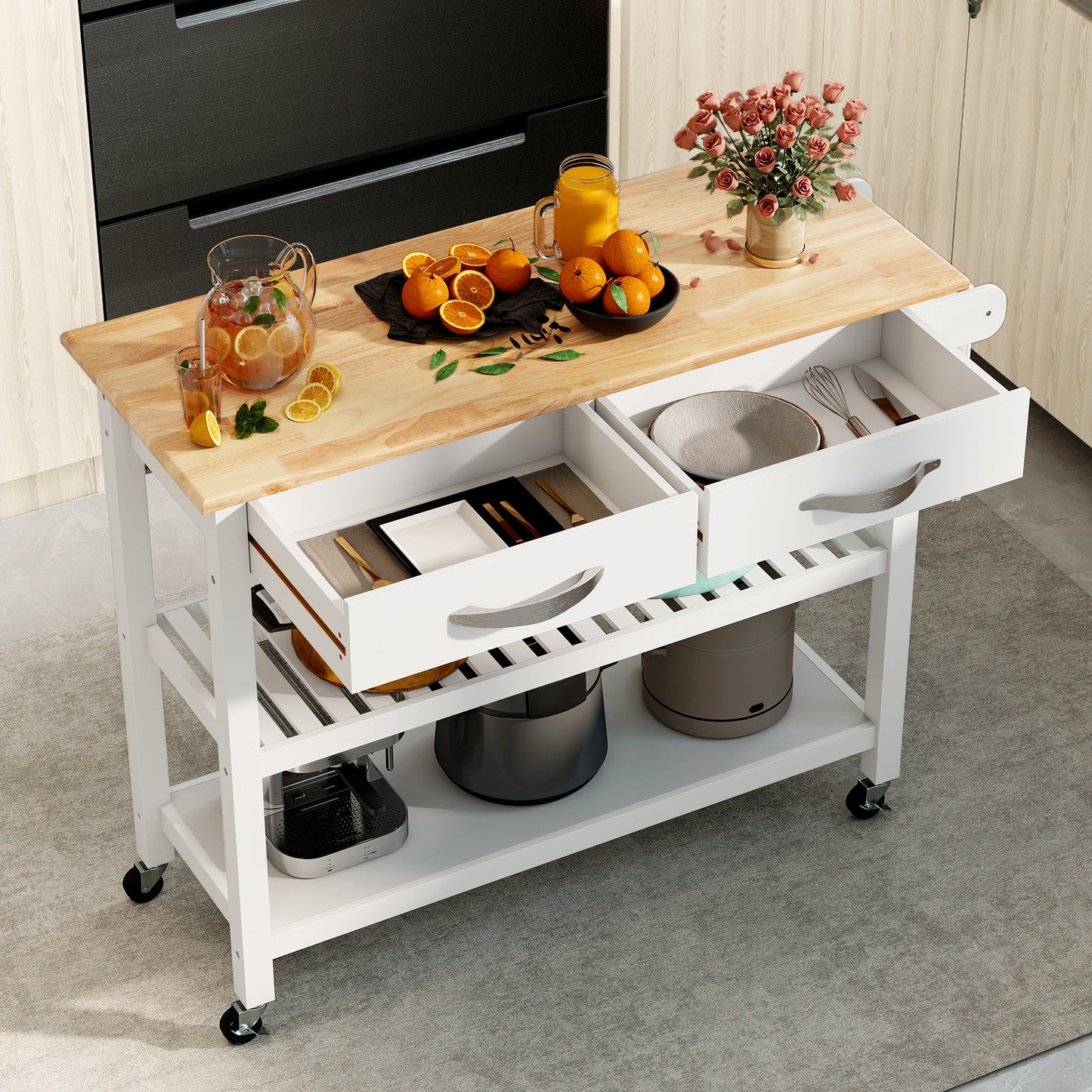Kitchen Island with Storage 3-Tier Rolling Utility Cart with Wood Countertop-White