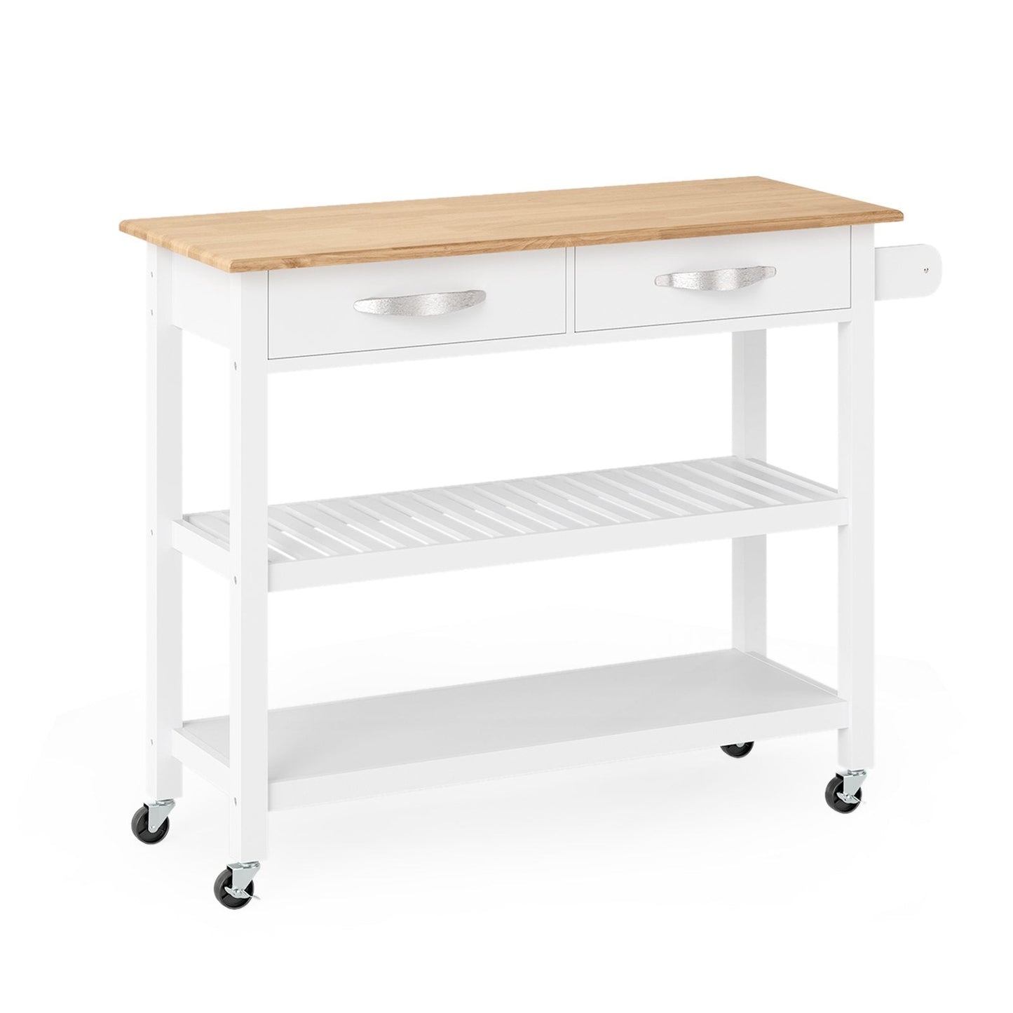 Kitchen Island with Storage 3-Tier Rolling Utility Cart with Wood Countertop-White