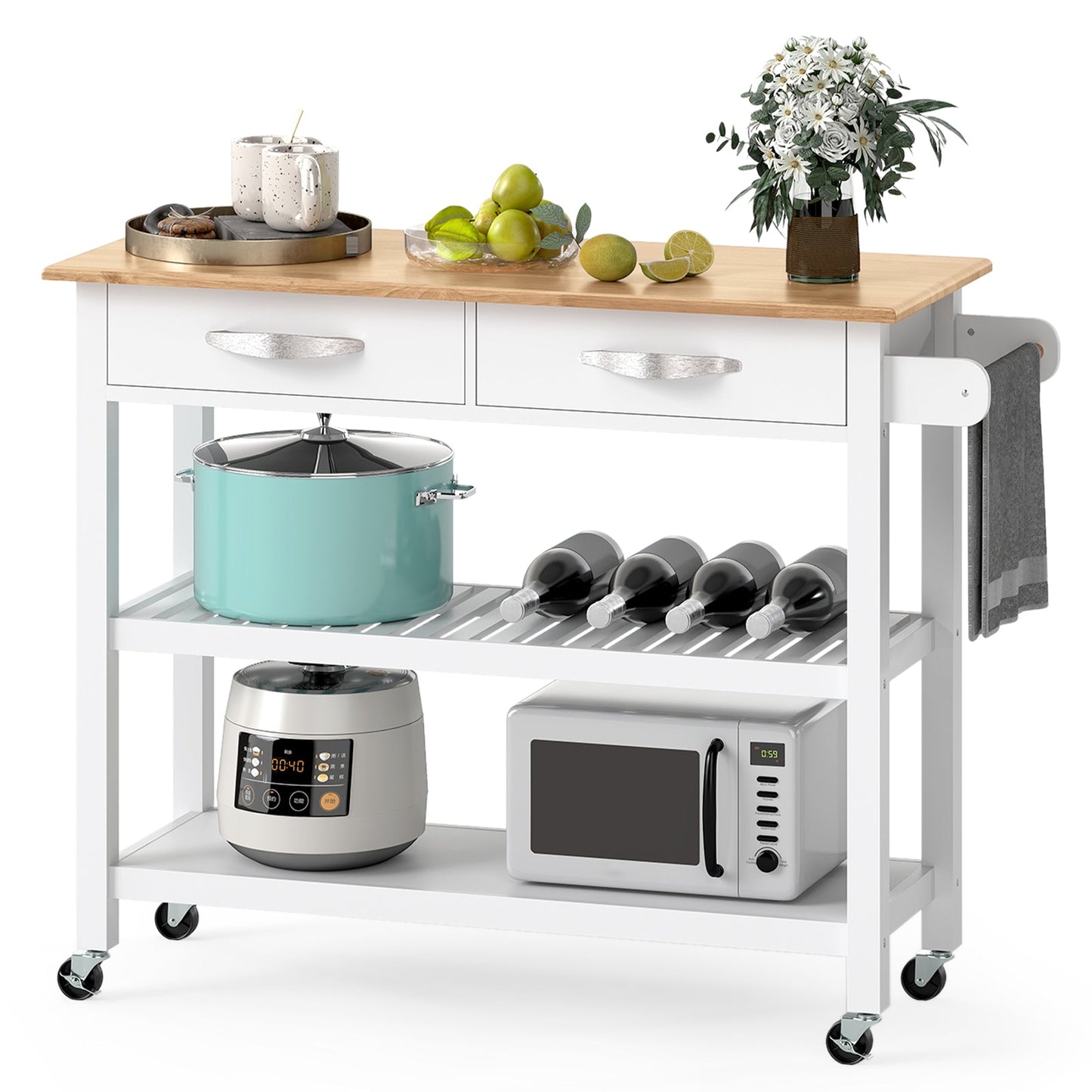 Kitchen Island with Storage 3-Tier Rolling Utility Cart with Wood Countertop-White