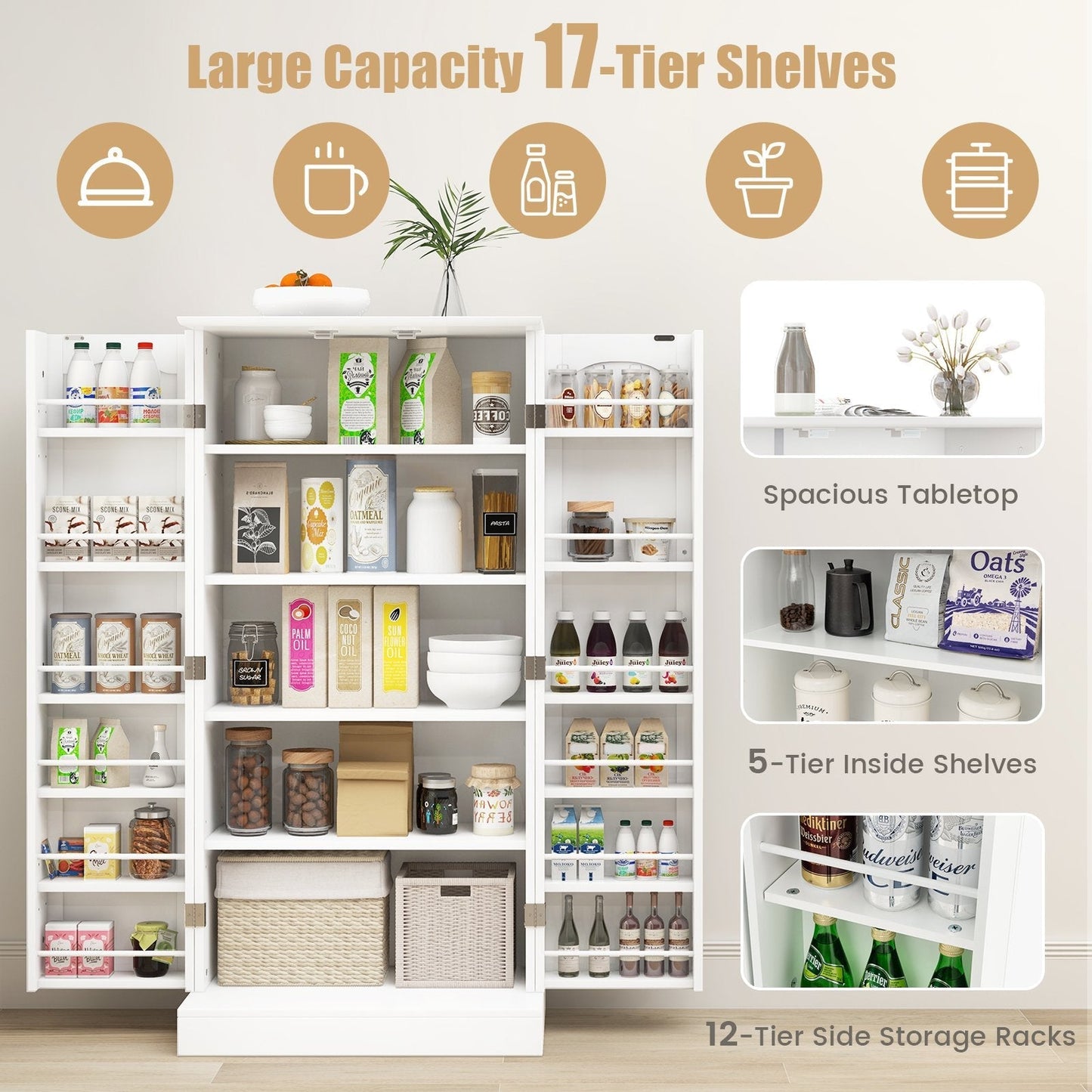 120cm Kitchen Pantry Cabinet with Doors and Adjustable Shelves-White