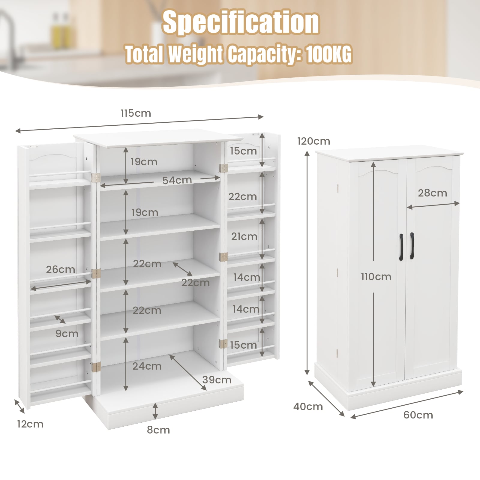 120cm Kitchen Pantry Cabinet with Doors and Adjustable Shelves-White