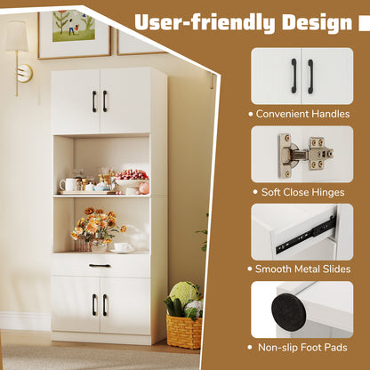 Kitchen Pantry Cabinet with Charging Station 168 cm Tall Cupboard with 4 Doors and 2 Adjustable Shelves-White