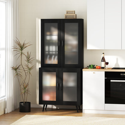 Kitchen Pantry Cabinet with Transparent Doors and Metal Legs-Black