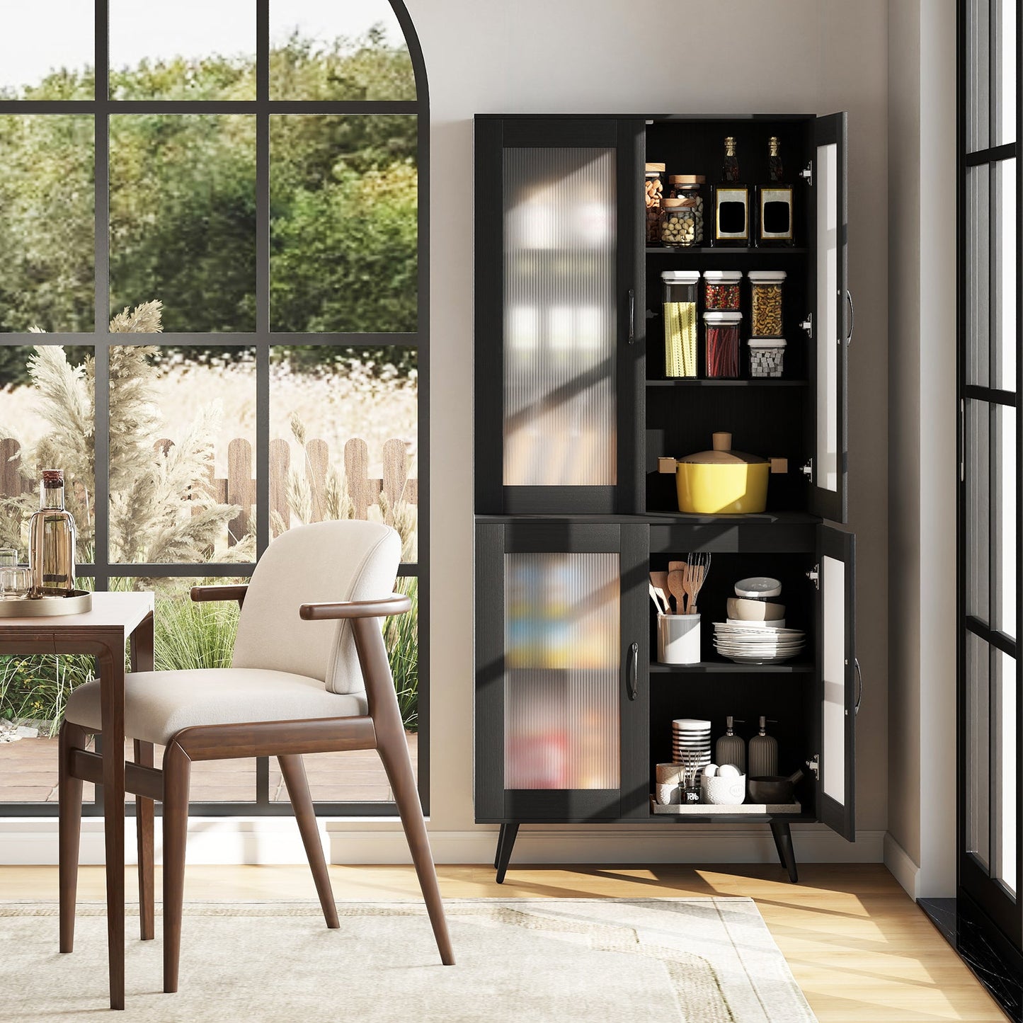 Kitchen Pantry Cabinet with Transparent Doors and Metal Legs-Black