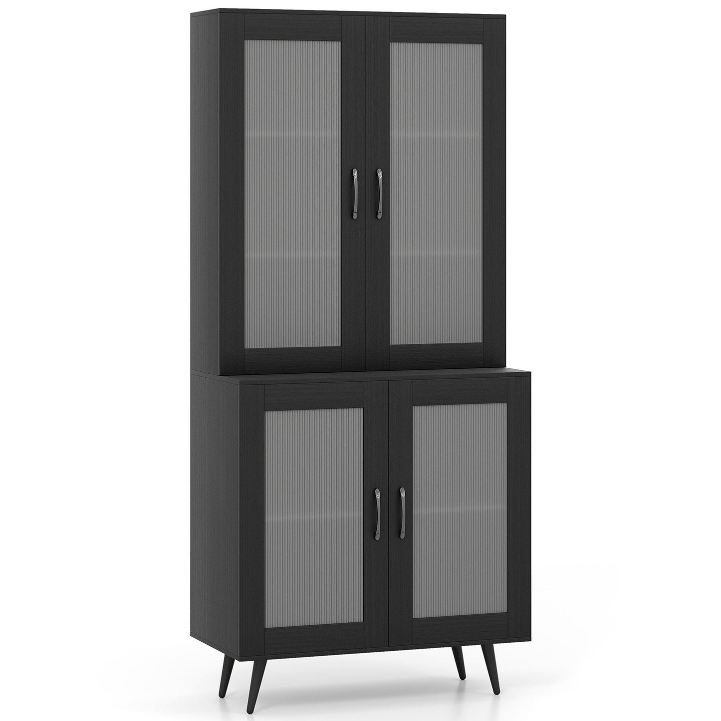 Kitchen Pantry Cabinet with Transparent Doors and Metal Legs-Black