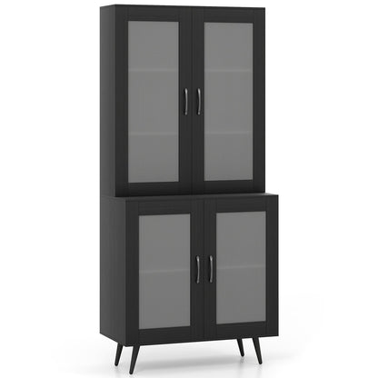 Kitchen Pantry Cabinet with Transparent Doors and Metal Legs-Black