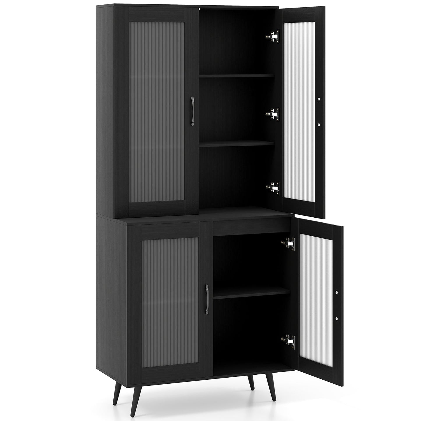 Kitchen Pantry Cabinet with Transparent Doors and Metal Legs-Black