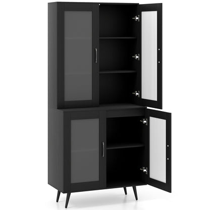 Kitchen Pantry Cabinet with Transparent Doors and Metal Legs-Black