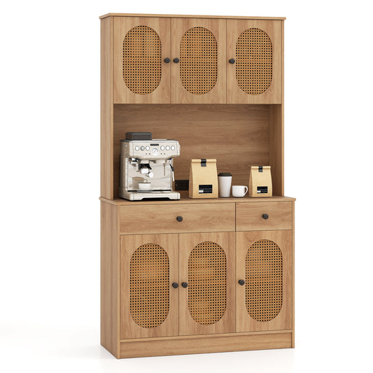 Kitchen Storage Cabinet with Charging Station and 6 Rattan Doors-Natural