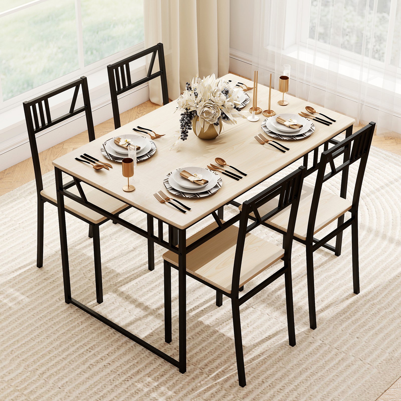 Industrial-Style Kitchen Table and 4 Chairs with Wood Like Tabletop and Metal Frame-Natural