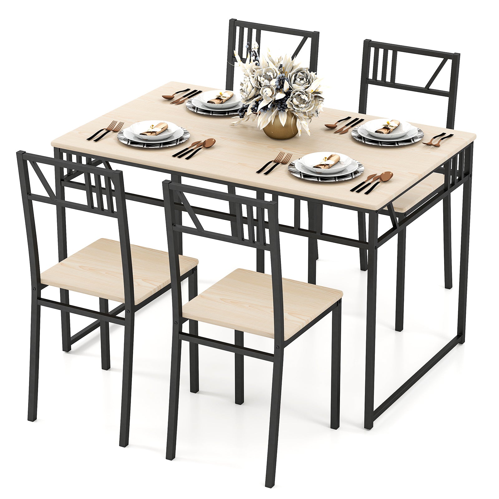 Industrial-Style Kitchen Table and 4 Chairs with Wood Like Tabletop and Metal Frame-Natural