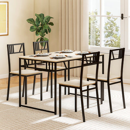 Industrial-Style Kitchen Table and 4 Chairs with Wood Like Tabletop and Metal Frame-Natural