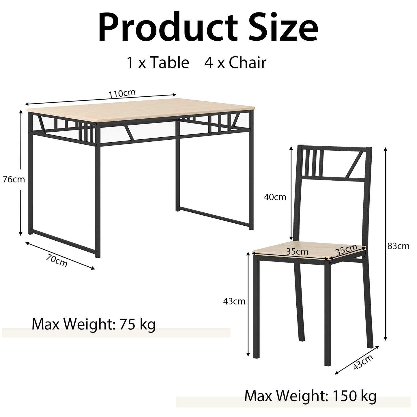 Industrial-Style Kitchen Table and 4 Chairs with Wood Like Tabletop and Metal Frame-Natural