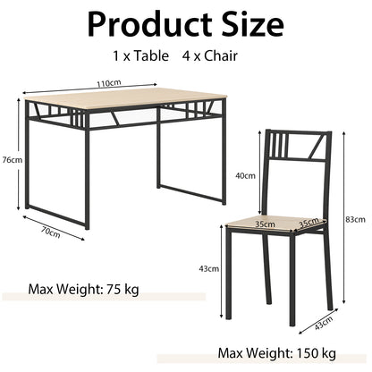 Industrial-Style Kitchen Table and 4 Chairs with Wood Like Tabletop and Metal Frame-Natural