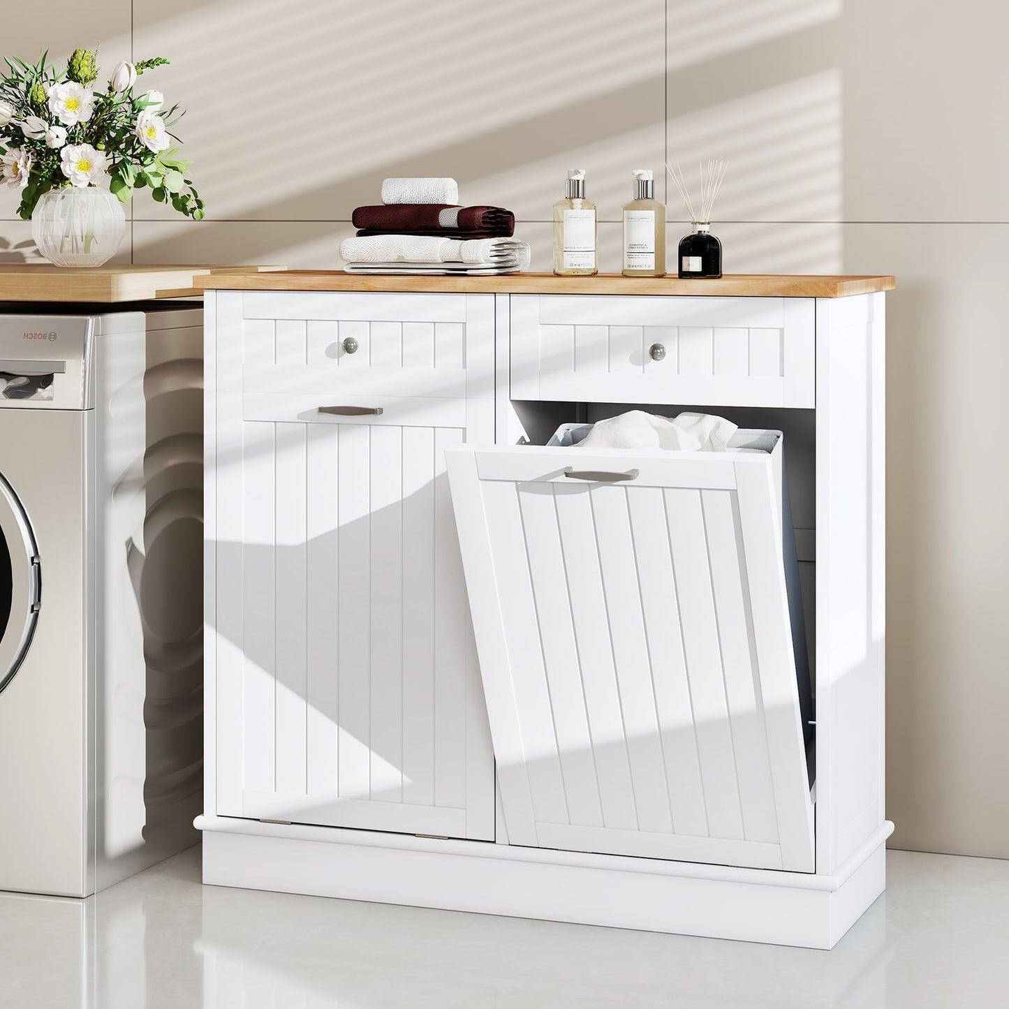 2-Door Kitchen Tilt Out Trash Bin Cabinet with 2 Pull-out Drawers-White