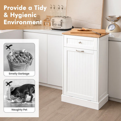 Freestanding Tilt Out Trash Bin Cabinet with Pull-out Drawer-White