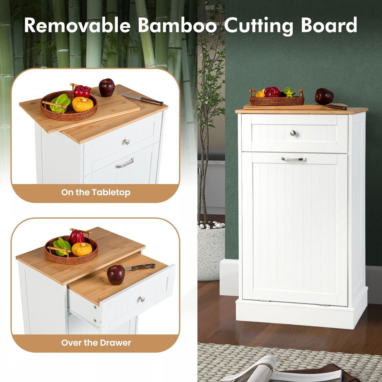 Freestanding Tilt Out Trash Bin Cabinet with Pull-out Drawer-White