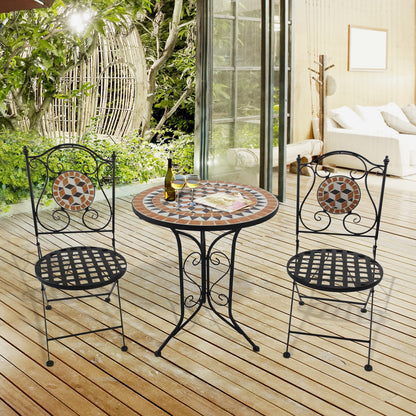 Outsunny 3 Piece Garden Mosaic Bistro Set Outdoor Patio 2 Folding Chairs & 1 Round Table  Outdoor Metal Furniture Vintage