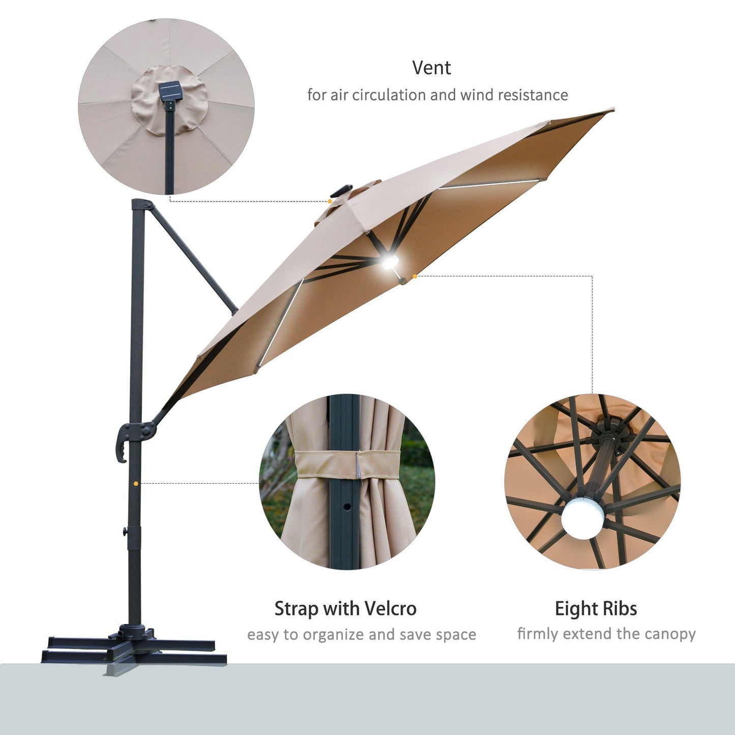 مظلة شمسية من Outsunny 3(m) Cantilever Roma Parasol Garden Sun مع قاعدة متقاطعة من ضوء الشمس LED تدور 360 درجة، بني