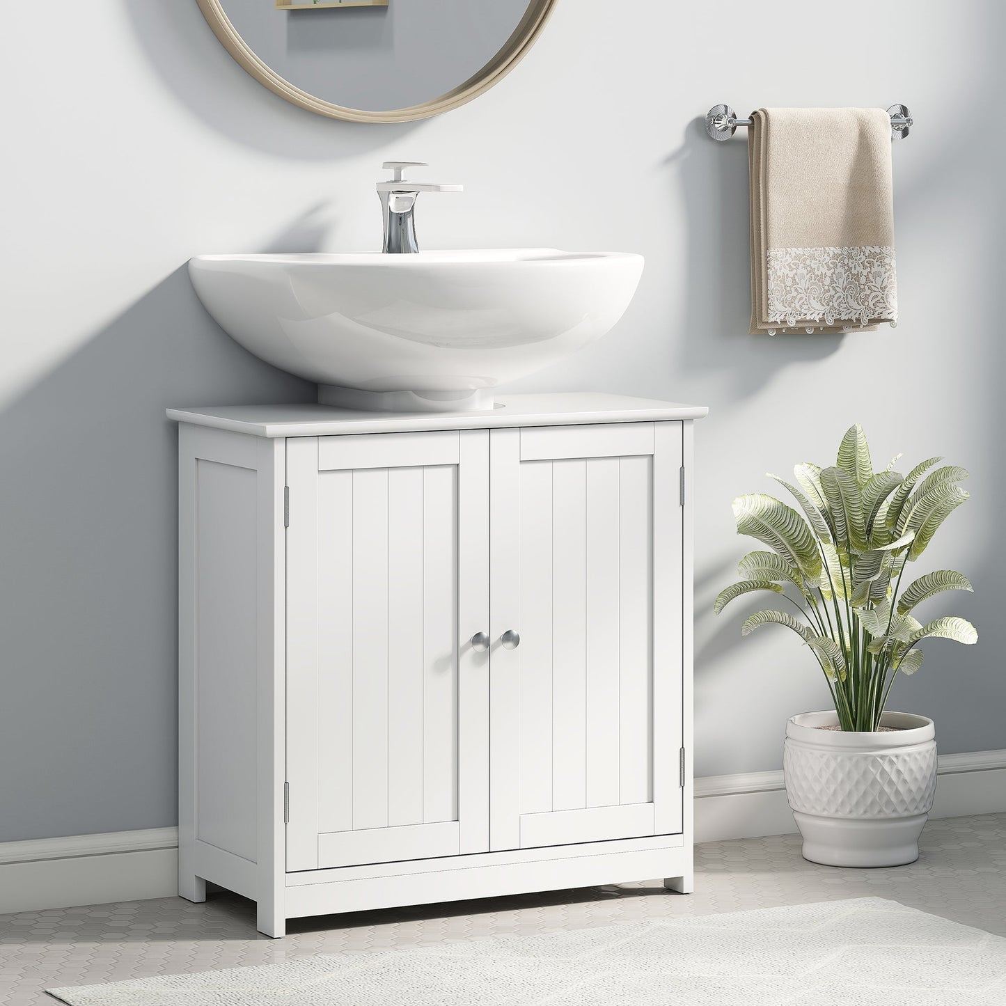 kleankin 60x60cm Under-Sink Storage Cabinet w/ Adjustable Shelf Handles Drain Hole Bathroom Cabinet Space Saver Organizer White