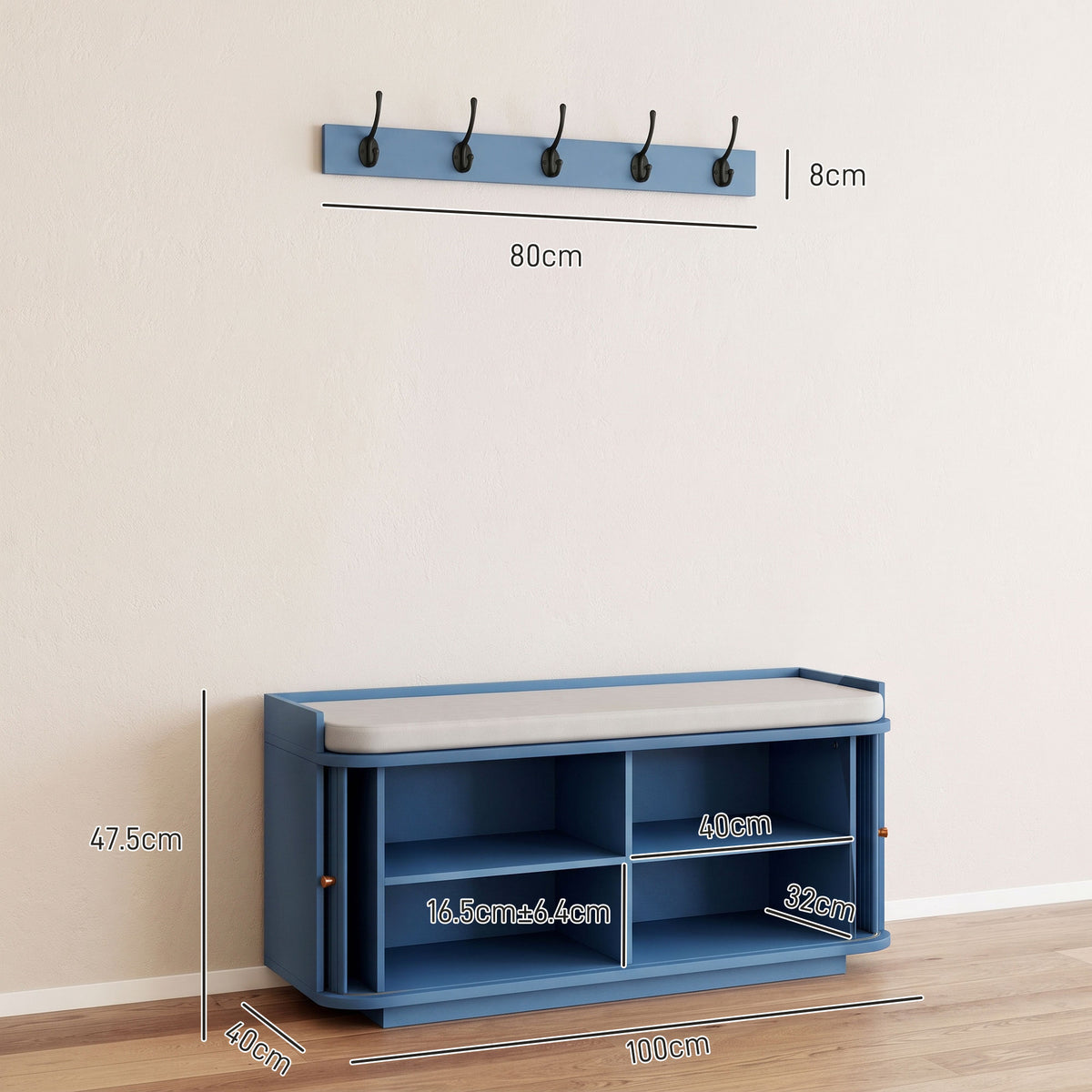 HOMCOM Hallway Storage Unit, Hallway Furniture Set with Shoe Storage Cabinet and 5 Hooks Coat Rack, Blue