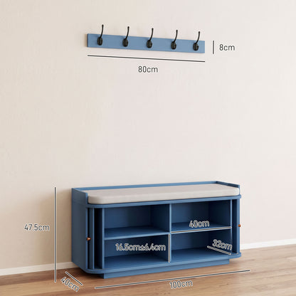 HOMCOM Hallway Storage Unit, Hallway Furniture Set with Shoe Storage Cabinet and 5 Hooks Coat Rack, Blue