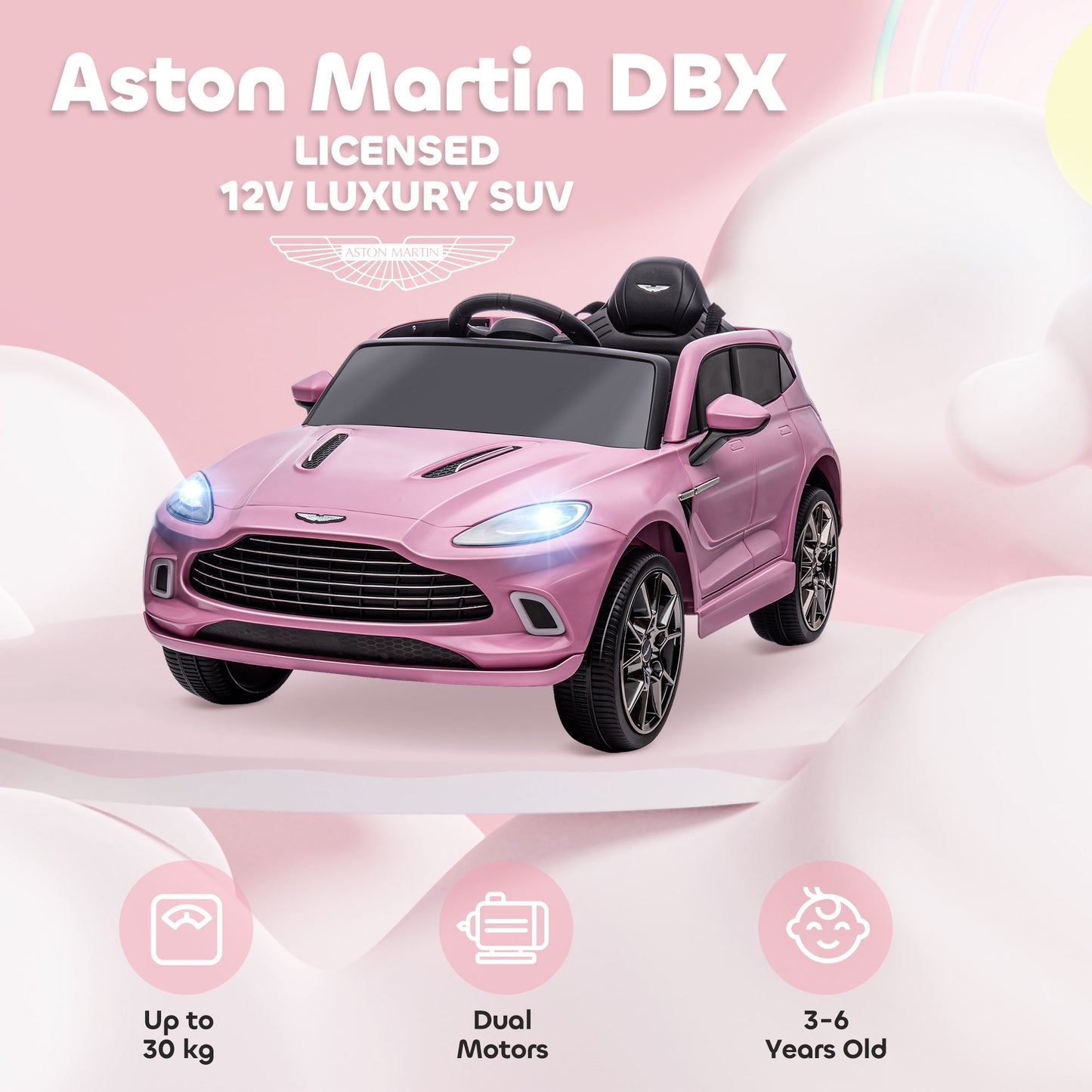 AIYAPLAY Aston Martin DBX Licencjonowany samochód elektryczny dla dzieci zasilany akumulatorem, 12 V, samochód dla dzieci z oświetleniem, klakson muzyczny, różowy