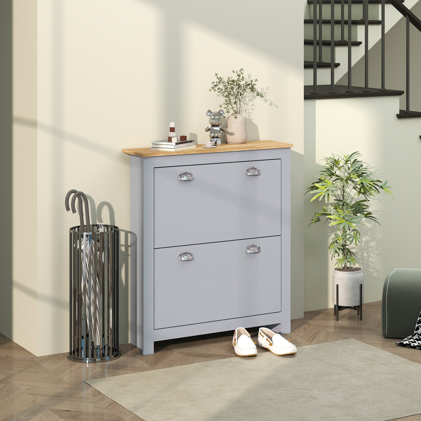 HOMCOM 2 Drawer Shoe Cabinet Modern Narrow Shoe Cupboard Hallway Wooden Storage Organiser with Flip Doors Adjustable Shelf for 6-12 Pairs, Grey