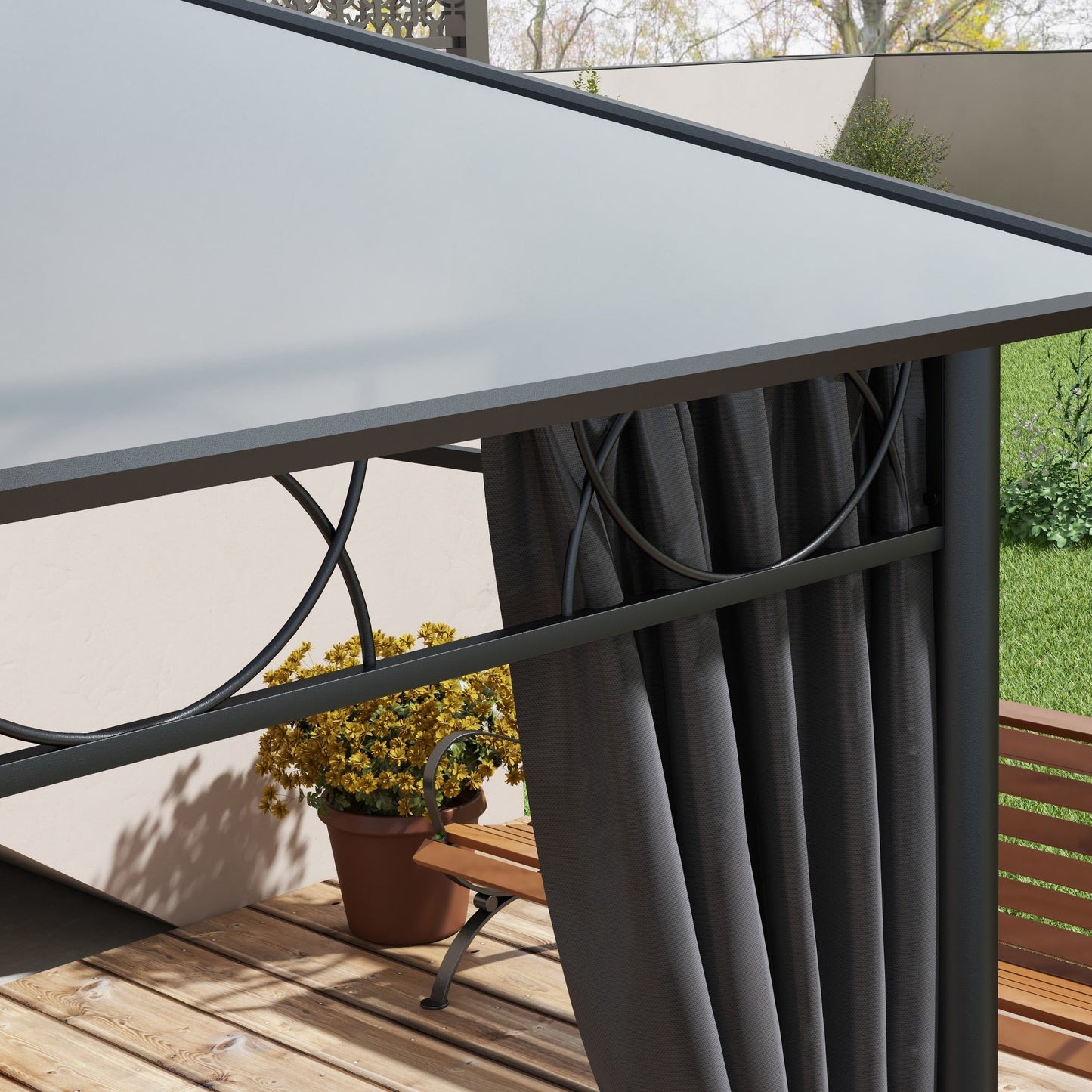 جناح حديقة Outsunny Hardtop Gazebo مع سقف بولي كربونات مقاوم للأشعة فوق البنفسجية، وستائر، وإطار من الفولاذ والألمنيوم، 3 × 4 م، رمادي