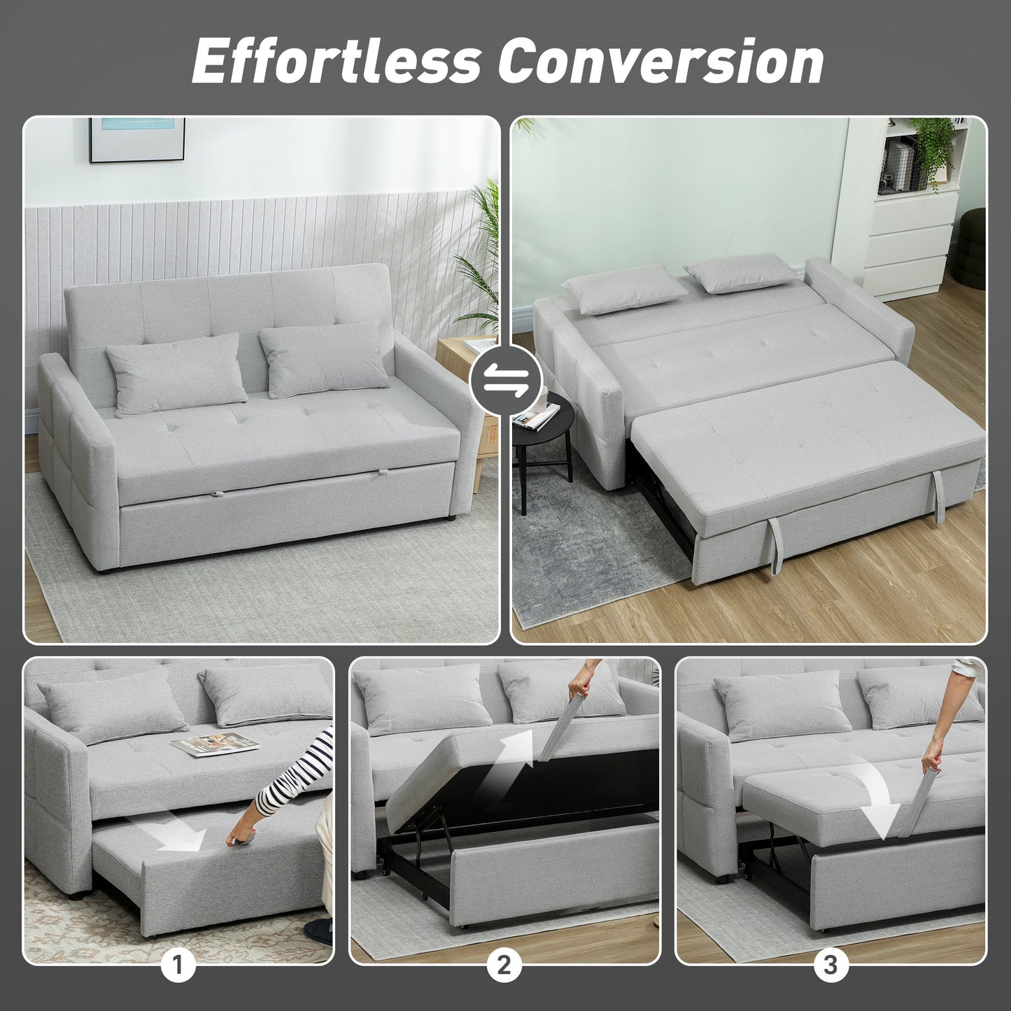 HOMCOM Three-Way Two-Seater Sofa Bed - Light Grey