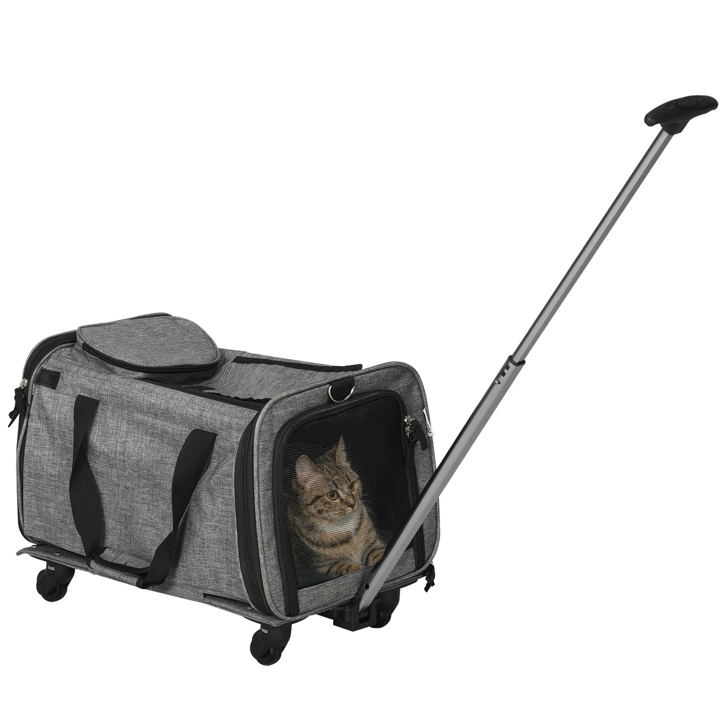 PawHut 4 in 1 Pet Carrier On Wheels for Cats, Miniature Dogs with Telescopic Handle, Storage, Grey