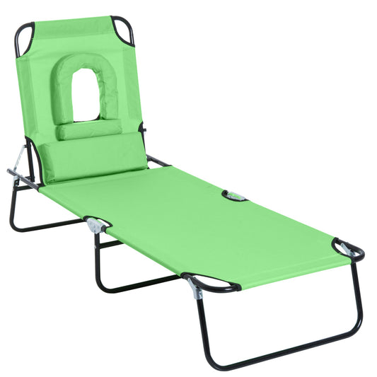 Outsunny Outdoor Folding Sun Lounger with Face Hole, 4 Level Adjustable Backrest Reclining Garden Lounger, Garden Recliner Sunbed with 600 D Oxford Cloth Seat and Pillow for Beach, Green