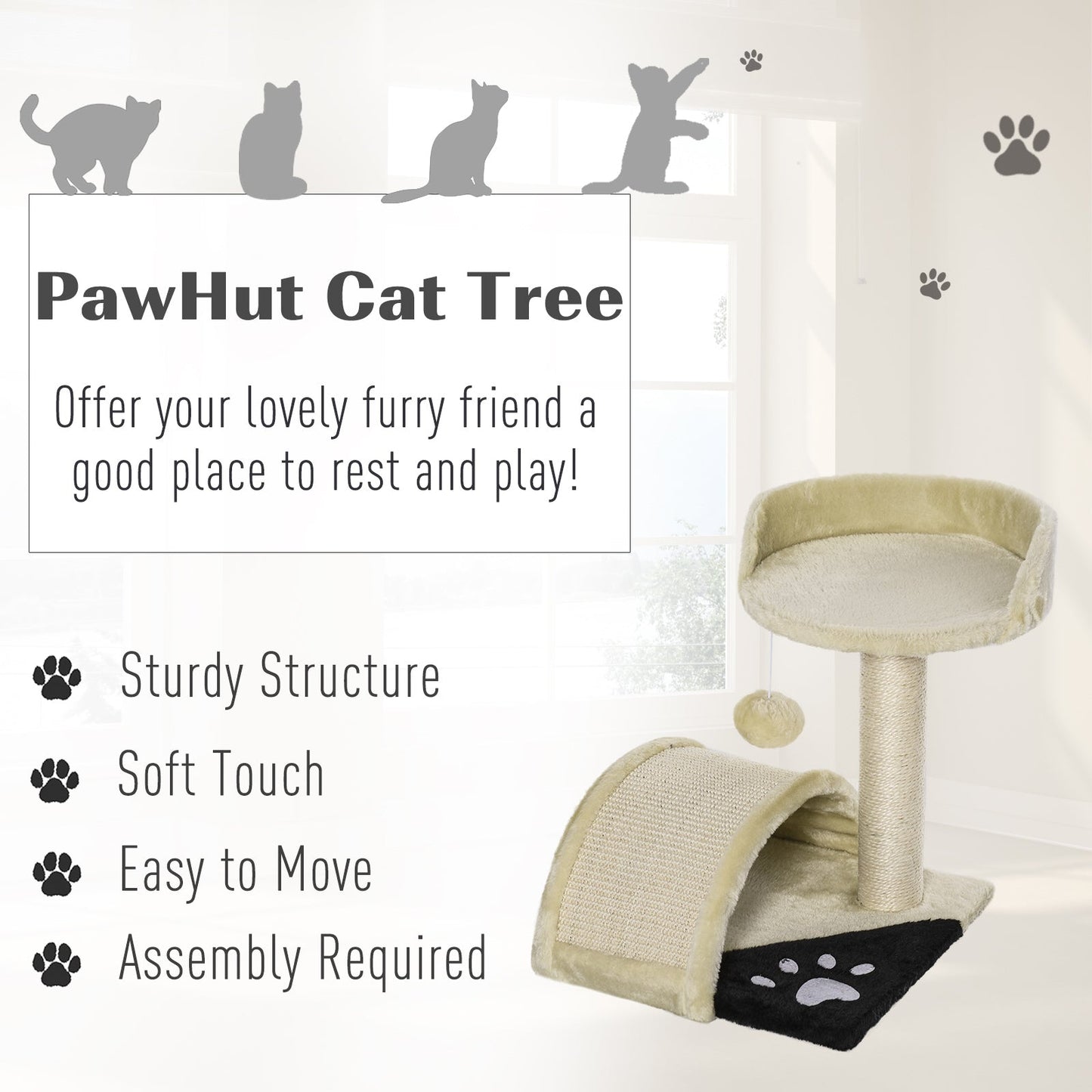 PawHut Cat Tree Cat Scratching Post Scratching Scratcher Post Kitten Activity Centre Climber Hanging Ball Beige