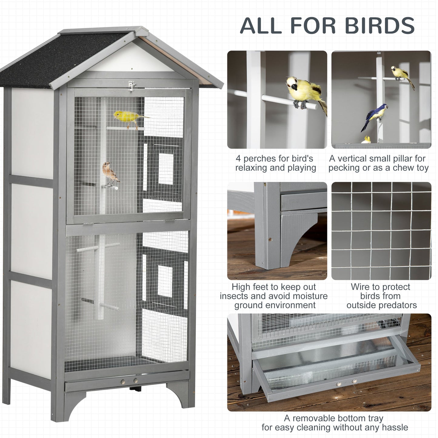 PawHut Wooden Outdoor Bird Cage, for Finches and Canaries, with Removable Tray, Asphalt Roof - Grey