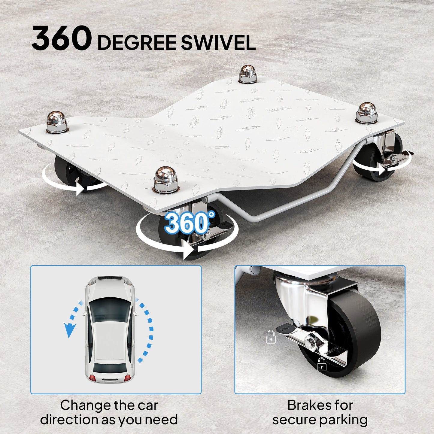 DURHAND Two-Piece Car Wheel Dolly with Swivel Casters, Non-Slip Metal Plates, 680kg Capacity, Grey