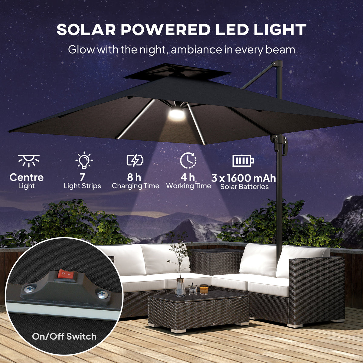 Outsunny 2.5m Cantilever Parasol with Solar Powered LED Lights, 360° Rotation, Tilt Adjustment, Crank Handle, Dark Grey