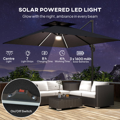 Outsunny 2.5m Cantilever Parasol with Solar Powered LED Lights, 360° Rotation, Tilt Adjustment, Crank Handle, Dark Grey