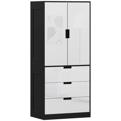 HOMCOM 2 Door Wardrobe, Modern Wardrobe with 3 Drawers and Hanging Rod for Bedroom, High Gloss White